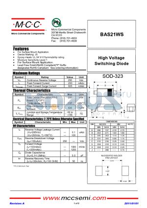 BAS21WS datasheet - High Voltage Switching Diode