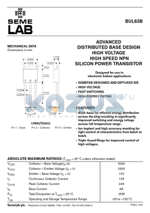 BUL63B datasheet - ADVANCED DISTRIBUTED BASE DESIGN HIGH VOLTAGE HIGH SPEED NPN SILICON POWER TRANSISTOR