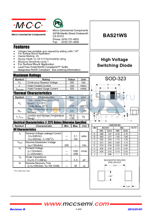 BAS21WS_13 datasheet - High Voltage Switching Diode
