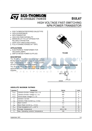 BUL67 datasheet - HIGH VOLTAGE FAST-SWITCHING NPN POWER TRANSISTOR