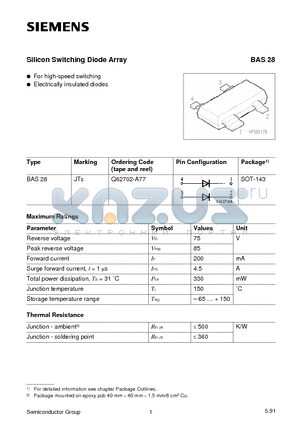 BAS28 datasheet - Silicon Switching Diode Array (For high-speed switching Electrically insulated diodes)