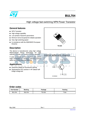 BUL704 datasheet - High voltage fast-switching NPN Power Transistor
