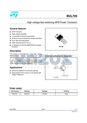 BUL705 datasheet - High voltage fast-switching NPN Power Transistor