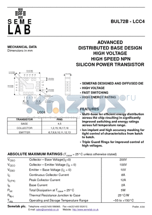 BUL72B-LCC4 datasheet - ADVANCED DISTRIBUTED BASE DESIGN HIGH VOLTAGE HIGH SPEED NPN SILICON POWER TRANSISTOR