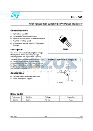 BUL741 datasheet - High voltage fast-switching NPN Power Transistor