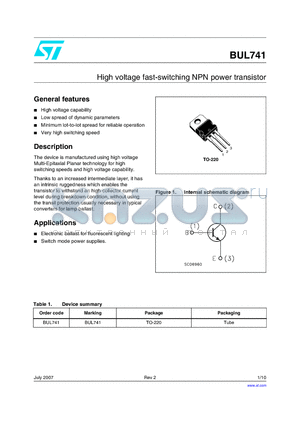 BUL741 datasheet - High voltage fast-switching NPN power transistor