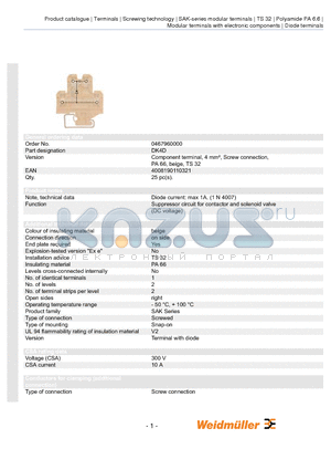 0467960000 datasheet - Component terminal, 4 mmb, Screw connection, PA 66, beige, TS 32