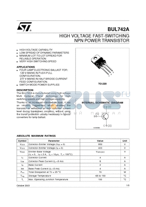 BUL742A datasheet - HIGH VOLTAGE FAST-SWITCHING NPN POWER TRANSISTOR