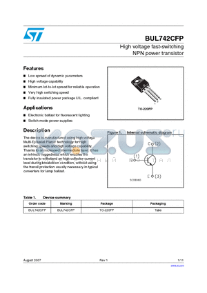 BUL742CFP datasheet - High voltage fast-switching