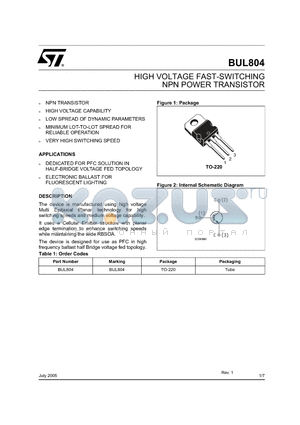 BUL804 datasheet - HIGH VOLTAGE FAST-SWITCHING NPN POWER TRANSISTOR