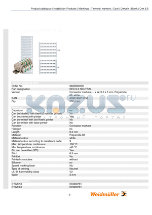 0468060000 datasheet - Connector markers, L x W: 6.5 x 5 mm, Polyamide 66, white