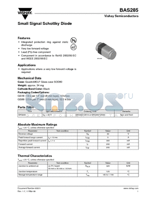 BAS285-GS08 datasheet - Small Signal Schottky Diode