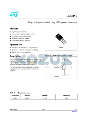 BUL810 datasheet - High voltage fast-switching NPN power transistor