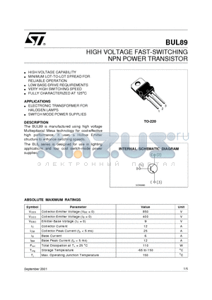 BUL89_01 datasheet - HIGH VOLTAGE FAST-SWITCHING NPN POWER TRANSISTOR