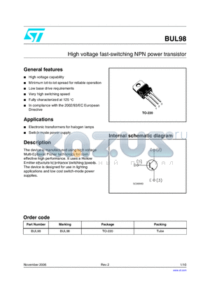 BUL98 datasheet - High voltage fast-switching NPN power transistor