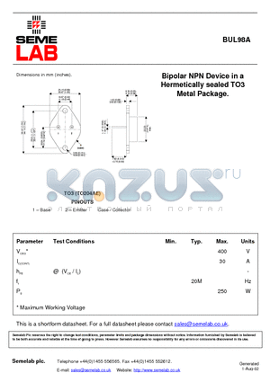 BUL98A datasheet - Bipolar NPN Device in a Hermetically sealed TO3