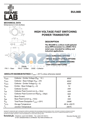 BUL98B datasheet - HIGH VOLTAGE FAST SWITCHING POWER TRANSISTOR