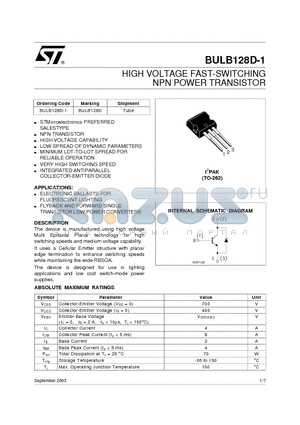 BULB128D-1 datasheet - HIGH VOLTAGE FAST-SWITCHING NPN POWER TRANSISTOR