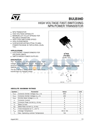BULB39D datasheet - HIGH VOLTAGE FAST-SWITCHING NPN POWER TRANSISTOR