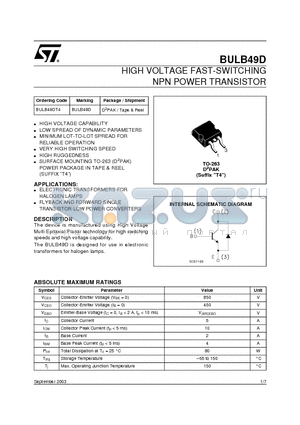 BULB49D datasheet - HIGH VOLTAGE FAST-SWITCHING NPN POWER TRANSISTOR