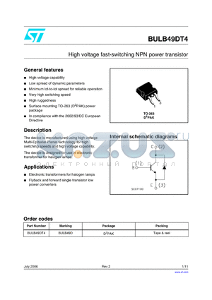 BULB49D datasheet - High voltage fast-switching NPN power transistor