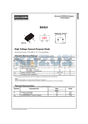 BAS31 datasheet - High Voltage General Purpose Diode