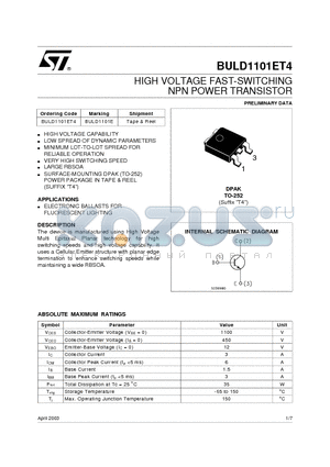 BULD1101ET4 datasheet - HIGH VOLTAGE FAST-SWITCHING NPN POWER TRANSISTOR