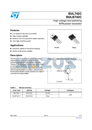 BULB742C datasheet - High voltage fast-switching NPN power transistor