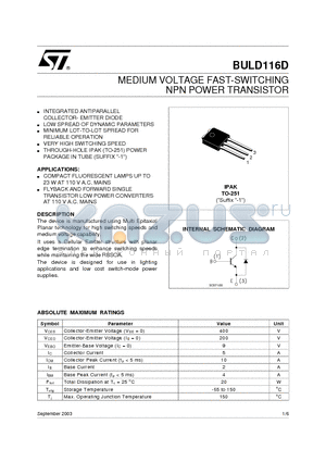 BULD116D datasheet - MEDIUM VOLTAGE FAST-SWITCHING NPN POWER TRANSISTOR