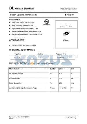 BAS316 datasheet - Silicon Epitaxial Planar Diode