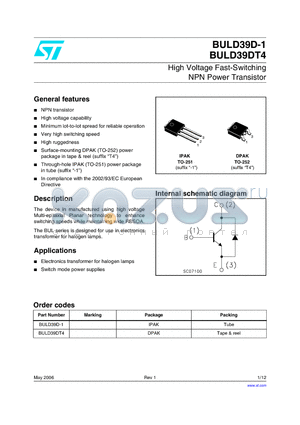 BULD39D-1 datasheet - High Voltage Fast-Switching NPN Power Transistor