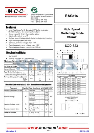 BAS316 datasheet - High Speed Switching Diode 400mW