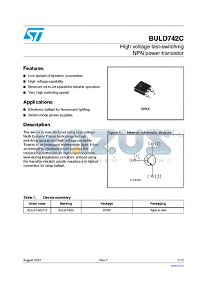 BULD742C datasheet - High voltage fast-switching