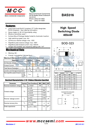 BAS316_13 datasheet - High Speed Switching Diode 400mW