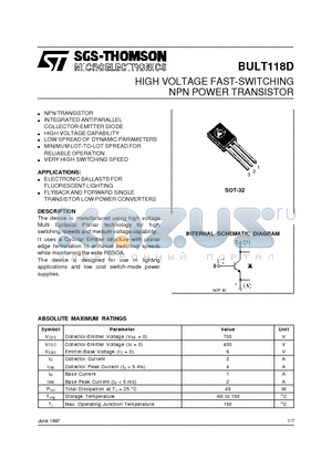 BULT118D datasheet - HIGH VOLTAGE FAST-SWITCHING NPN POWER TRANSISTOR