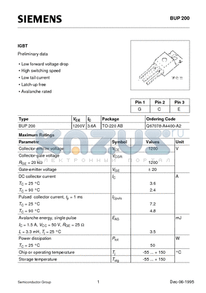 BUP200 datasheet - IGBT (Low forward voltage drop High switching speed Low tail current Latch-up free Avalanche rated)