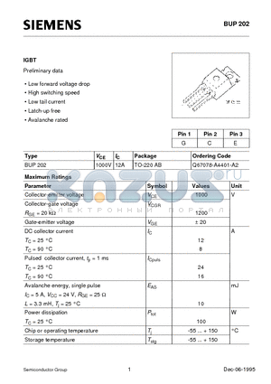 BUP202 datasheet - IGBT (Low forward voltage drop High switching speed Low tail current Latch-up free)