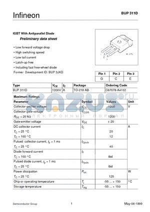 BUP311D datasheet - IGBT With Antiparallel Diode Preliminary data sheet