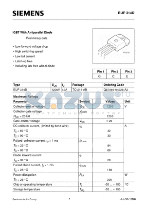 BUP314D datasheet - IGBT With Antiparallel Diode (Low forward voltage drop High switching speed Low tail current Latch-up free Including fast free-wheel diode)