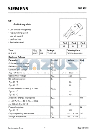 BUP402 datasheet - IGBT (Low forward voltage drop High switching speed Low tail current Latch-up free Avalanche rated)