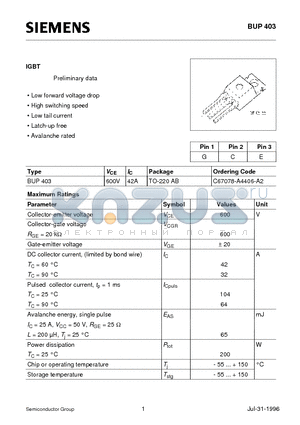 BUP403 datasheet - IGBT (Low forward voltage drop High switching speed Low tail current Latch-up free Avalanche rated)