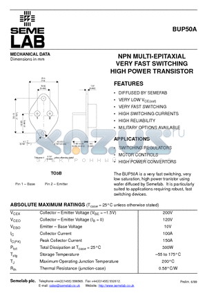 BUP50A datasheet - NPN MULTI-EPITAXIAL VERY FAST SWITCHING HIGH POWER TRANSISTOR
