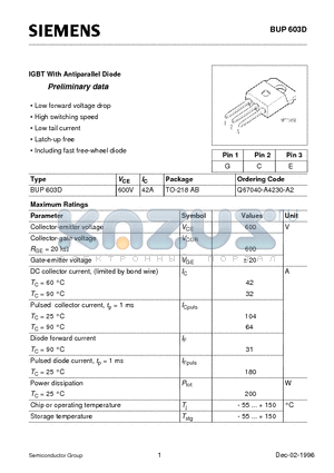 BUP603D datasheet - IGBT With Antiparallel Diode (Low forward voltage drop High switching speed Low tail current Latch-up free Including fast free-wheel diode)