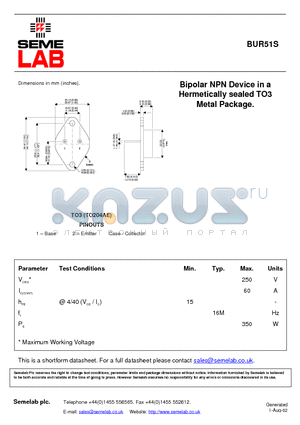 BUR51S datasheet - Bipolar NPN Device in a Hermetically sealed TO3