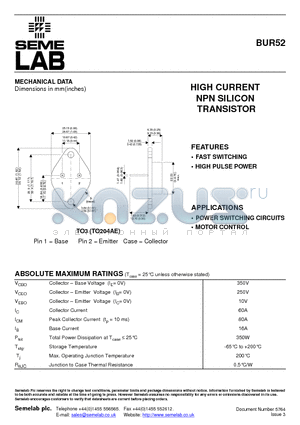 BUR52 datasheet - HIGH CURRENT NPN SILICON