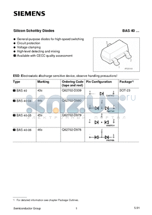 BAS40 datasheet - Silicon Schottky Diodes (General-purpose diodes for high-speed switching Circuit protection Voltage clamping)