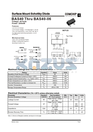 BAS40 datasheet - Surface Mount Schottky Diode