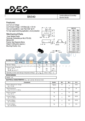 BAS40 datasheet - Surface Mount Schottky Barrier Diode