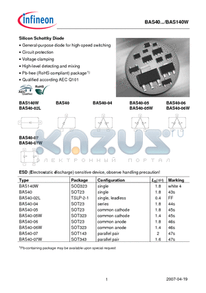 BAS40 datasheet - Silicon Schottky Diode