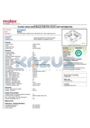 0472490001 datasheet - Camera Socket for Mobile Phone, Top Mount, SMT, Side Contact Type, 8x8